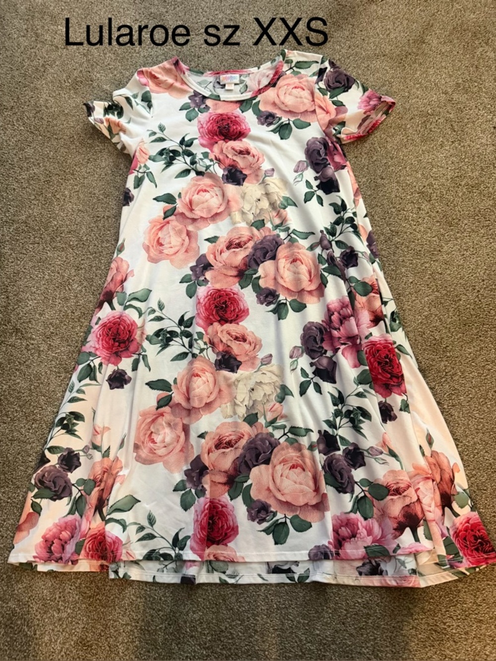 LuLaRoe womens Floral Swing Dress in White with Pink and Purple Roses Sz XXS